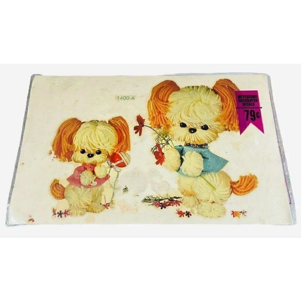 NOS Vintage 1970s Meyercord Decal Puppy Dogs Yarn Flowers Kawaii Kitschy FLAW